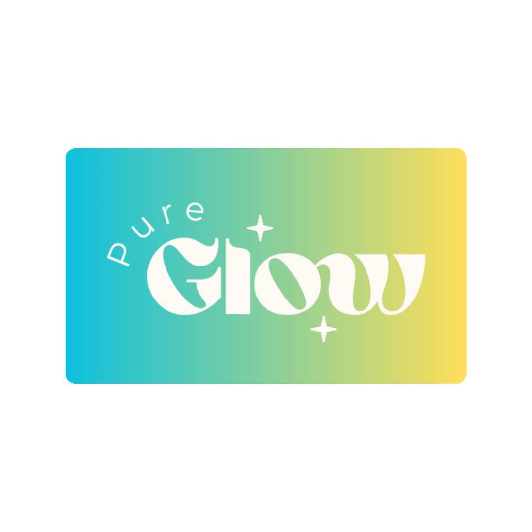 E-Gift Card design featuring the text "Pure Glow" with a gradient background in shades of blue and yellow.